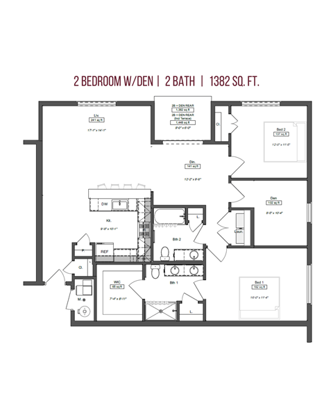 Floor plan for 2 beds, 2 baths, 1430 sqft